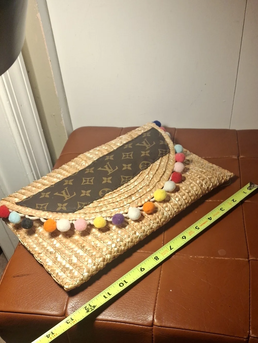 Upcycle Louis Vuitton Straw Clutch with Monogram Panel and Colorful Pom-Poms